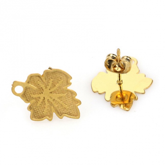 Picture of 2 PCs Stainless Steel Ear Post Stud Earrings Maple Leaf 18K Gold Color With Loop 18mm x 15mm, Post/ Wire Size: (21 gauge)