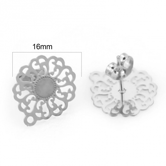 Picture of Stainless Steel Ear Post Stud Earrings Flower Silver Tone W/ Loop 16mm x 14mm, Post/ Wire Size: (21 gauge), 4 PCs