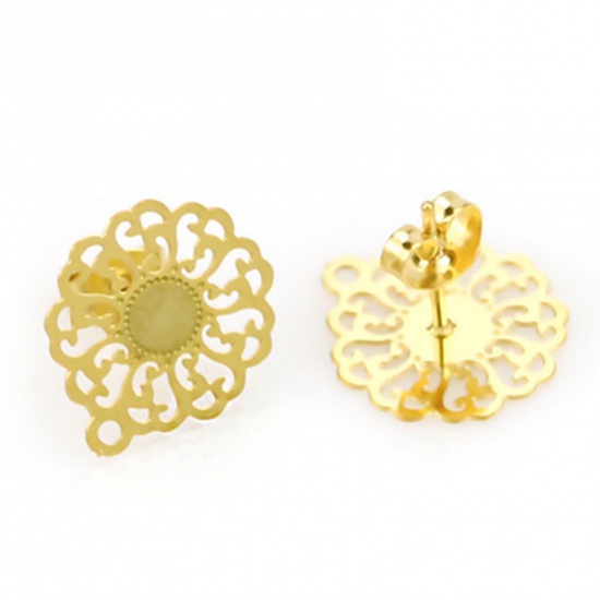 Picture of 2 PCs Stainless Steel Ear Post Stud Earrings Flower 18K Gold Color With Loop 16mm x 14mm, Post/ Wire Size: (21 gauge)