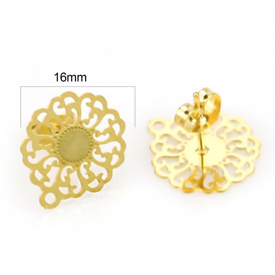 Picture of 2 PCs Stainless Steel Ear Post Stud Earrings Flower 18K Gold Color With Loop 16mm x 14mm, Post/ Wire Size: (21 gauge)