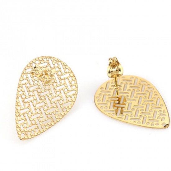 Picture of 2 PCs Stainless Steel Ear Post Stud Earrings Drop 18K Gold Color Filigree With Loop 26mm x 17mm, Post/ Wire Size: (21 gauge)