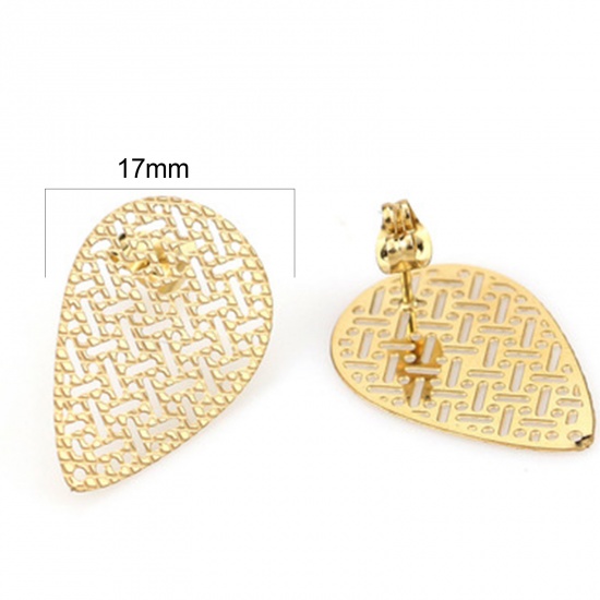 Picture of 2 PCs Stainless Steel Ear Post Stud Earrings Drop 18K Gold Color Filigree With Loop 26mm x 17mm, Post/ Wire Size: (21 gauge)