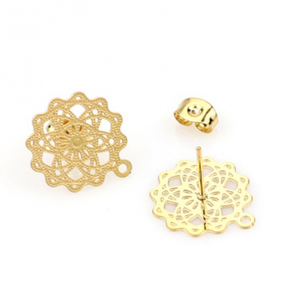 Picture of 2 PCs Stainless Steel Ear Post Stud Earrings Flower 18K Gold Color Filigree With Loop 17mm x 15mm, Post/ Wire Size: (21 gauge)