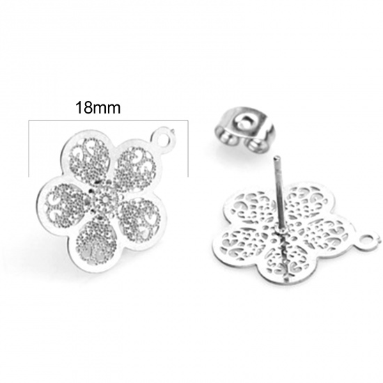 Picture of Stainless Steel Ear Post Stud Earrings Flower Silver Tone Filigree W/ Loop 18mm x 16mm, Post/ Wire Size: (21 gauge), 4 PCs