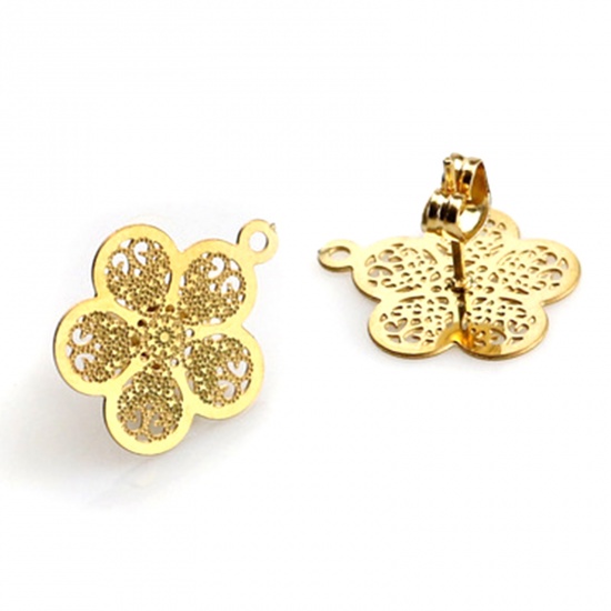 Picture of 2 PCs Stainless Steel Ear Post Stud Earrings Flower 18K Gold Color Filigree With Loop 18mm x 16mm, Post/ Wire Size: (21 gauge)