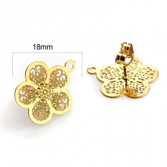 Picture of 2 PCs Stainless Steel Ear Post Stud Earrings Flower 18K Gold Color Filigree With Loop 18mm x 16mm, Post/ Wire Size: (21 gauge)