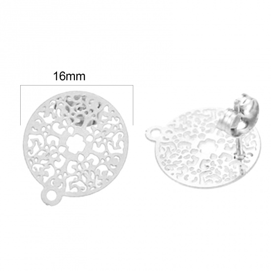 Picture of Stainless Steel Ear Post Stud Earrings Round Silver Tone Filigree W/ Loop 16mm x 14mm, Post/ Wire Size: (21 gauge), 4 PCs