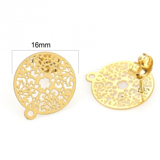 Picture of 2 PCs Stainless Steel Ear Post Stud Earrings Round 18K Gold Color Filigree With Loop 16mm x 14mm, Post/ Wire Size: (21 gauge)
