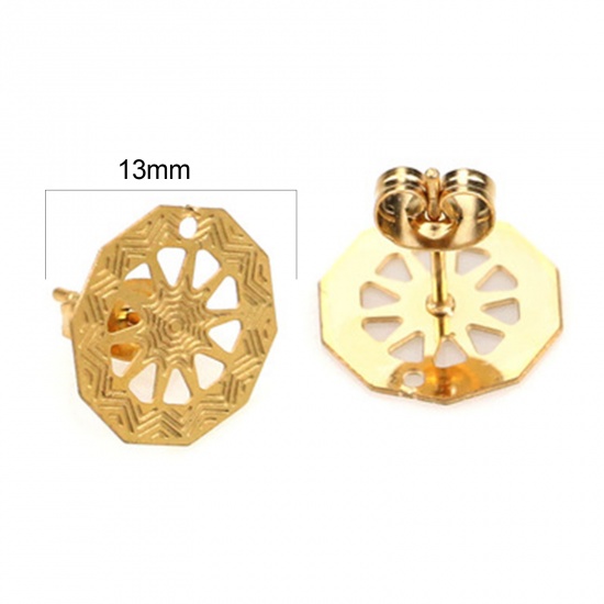 Picture of 2 PCs Stainless Steel Ear Post Stud Earrings Halloween Cobweb 18K Gold Color With Loop 13mm x 13mm, Post/ Wire Size: (21 gauge)