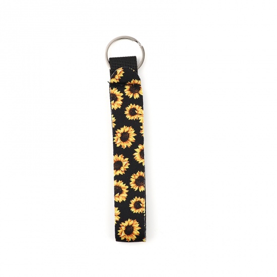 Bild von Neopren Schlüsselkette & Schlüsselring Silberfarbe Schwarz & Gelb Rechteck Sonnenblume 15.5cm, 2 Stück