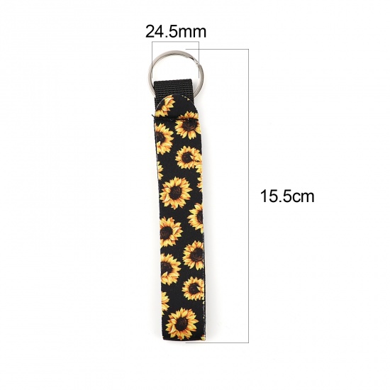 Picture of Neoprene Keychain & Keyring Silver Tone Black & Yellow Rectangle Sunflower 15.5cm, 2 PCs