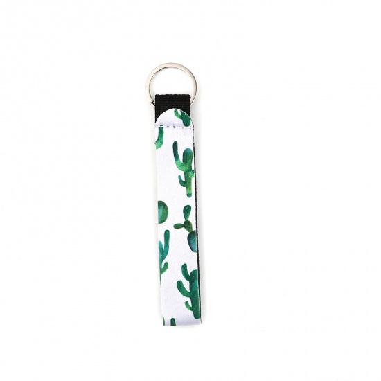 Bild von Neopren Schlüsselkette & Schlüsselring Silberfarbe Weiß & Grün Rechteck Kaktus 15.5cm, 2 Stück