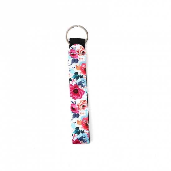 Bild von Neopren Schlüsselkette & Schlüsselring Silberfarbe Bunt Rechteck Blumen 15.5cm, 2 Stück