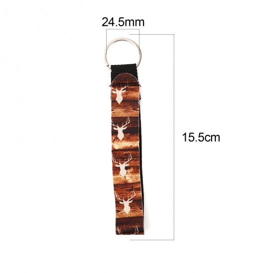 Picture of Neoprene Keychain & Keyring Silver Tone Brown Rectangle Deer 15.5cm, 2 PCs