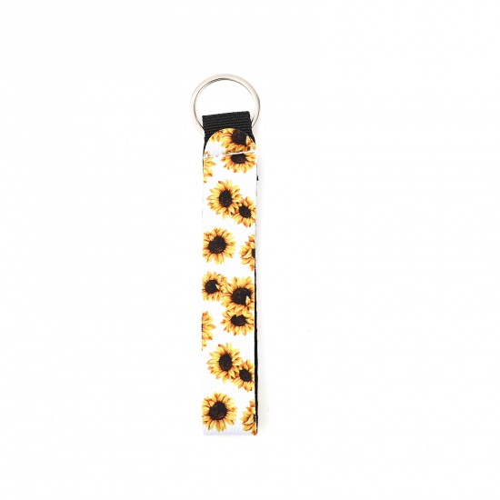 Bild von Neopren Schlüsselkette & Schlüsselring Silberfarbe Weiß & Gelb Rechteck Sonnenblume 15.5cm, 2 Stück