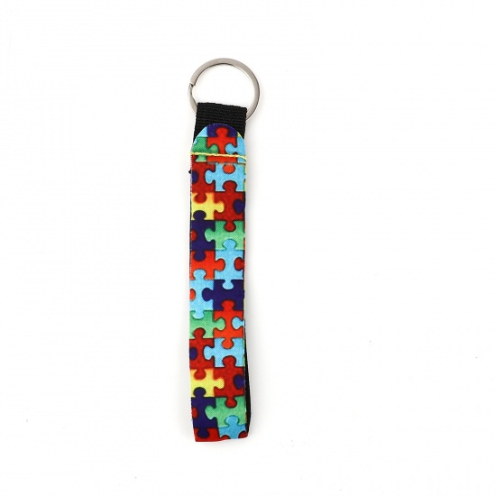 Bild von Neopren Puzzle Schlüsselkette & Schlüsselring Silberfarbe Bunt Rechteck Autismus Erkenntnis Puzzle 15.5cm, 2 Stück