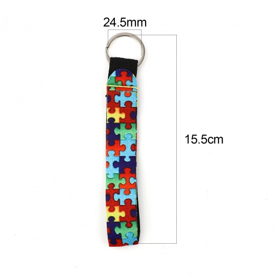 Immagine di Neoprene Puzzle Anello Portachiavi Tono Argento Multicolore Rettangolo Pezzo del Puzzle di Consapevolezza di Autismo 15.5cm, 2 Pz