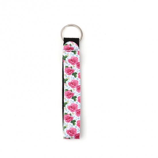 Picture of Neoprene Keychain & Keyring Silver Tone Pink Rectangle Flower 15.5cm, 2 PCs