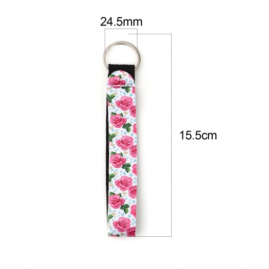 Picture of Neoprene Keychain & Keyring Silver Tone Pink Rectangle Flower 15.5cm, 2 PCs