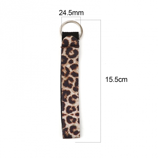 Picture of Neoprene Keychain & Keyring Silver Tone Light Coffee Rectangle Leopard Print 15.5cm, 2 PCs