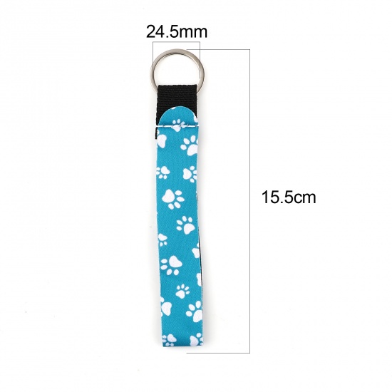 Picture of Neoprene Pet Memorial Keychain & Keyring Silver Tone Blue Rectangle Paw Claw 15.5cm, 2 PCs