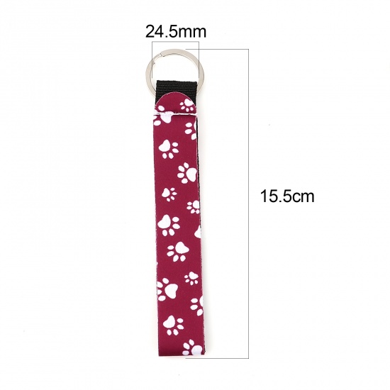Picture of Neoprene Pet Memorial Keychain & Keyring Silver Tone Purplish Red Rectangle Paw Claw 15.5cm, 2 PCs