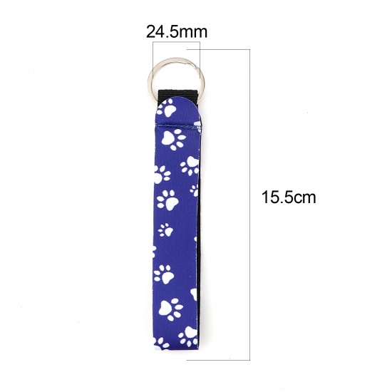 Picture of Neoprene Pet Memorial Keychain & Keyring Silver Tone Royal Blue Rectangle Paw Claw 15.5cm, 2 PCs