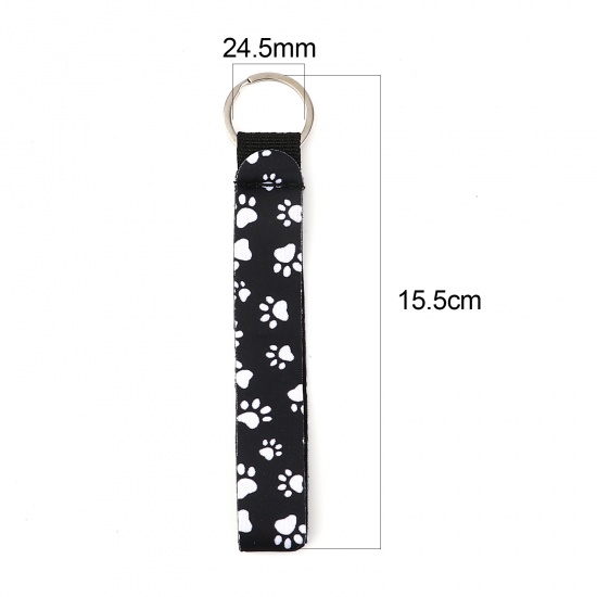 Picture of Neoprene Pet Memorial Keychain & Keyring Silver Tone Black Rectangle Paw Claw 15.5cm, 2 PCs