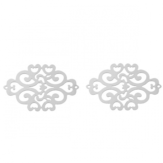 Picture of 304 Stainless Steel Filigree Stamping Connectors Findings Rhombus Silver Tone Heart Pattern Hollow 49mm(1 7/8") x 33mm(1 2/8"), 1 Piece