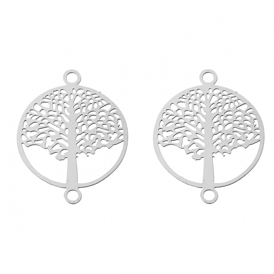 Picture of 304 Stainless Steel Filigree Stamping Connectors Findings Round Silver Tone Tree Pattern Hollow 19mm( 6/8") x 15mm( 5/8"), 30 PCs