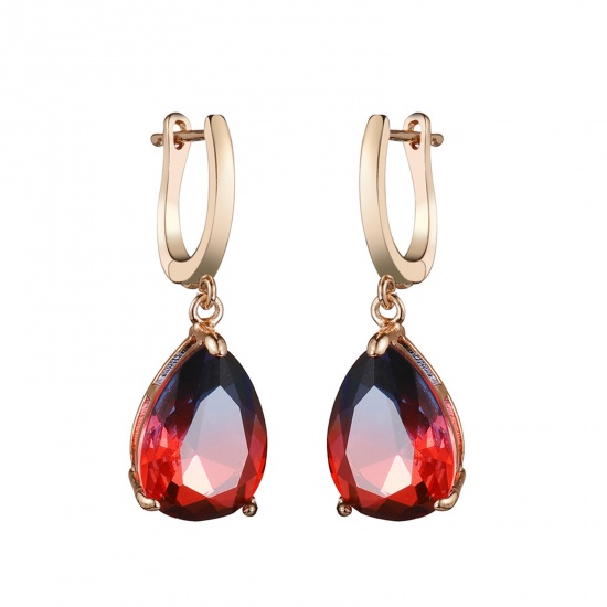 Picture of Brass & Crystal Earrings Gold Plated Red & Dark Blue Drop 33mm x 10mm, 1 Pair