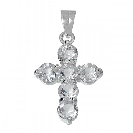 5 PCs Zinc Based Alloy Charm Pendant Silver Plated Cross Clear Rhinestone 29mm x 16mm