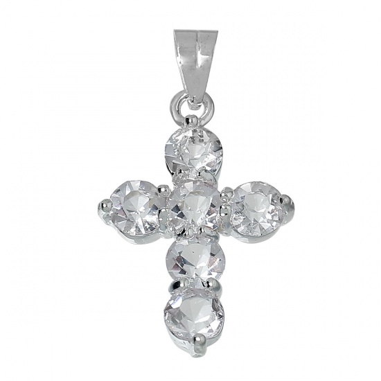 Picture of Zinc Based Alloy Easter Pendants Cross Silver Plated Clear Rhinestone 29mm(1 1/8") x 16mm( 5/8"), 5 PCs