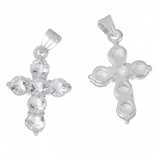 Picture of Zinc Based Alloy Easter Pendants Cross Silver Plated Clear Rhinestone 29mm(1 1/8") x 16mm( 5/8"), 5 PCs