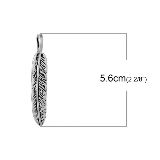 Picture of Zinc Metal Alloy Pendants Feather Antique Silver 56mm(2 2/8") x 10mm( 3/8"), 20 PCs