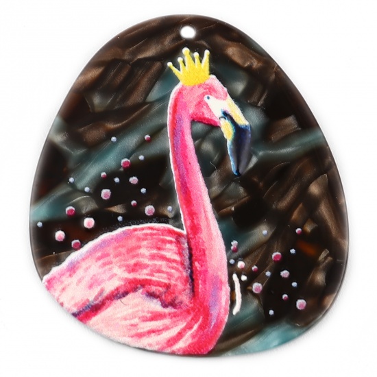Picture of Acrylic Pendants Oval Pink Flamingo 38mm x 35mm, 3 PCs