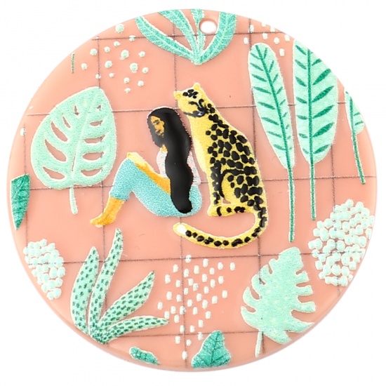 Picture of Acrylic Pendants Leopard Pink Girl 40mm Dia., 3 PCs