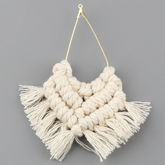 Picture of Zinc Based Alloy & Polyester Tassel Pendants Drop Gold Plated Creamy-White Tassel 90mm x 70mm - 85mm x 65mm, 2 PCs
