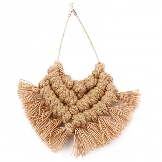 Picture of Zinc Based Alloy & Polyester Tassel Pendants Drop Gold Plated Light Brown Tassel 90mm x 70mm - 85mm x 65mm, 2 PCs