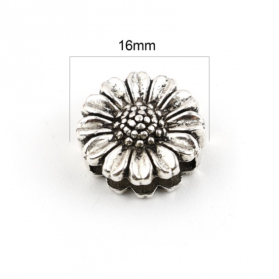Bild von Zinklegierung Slider Schiebeperlen Perlen Sonnenblume Antiksilber ca. 16mm x 16mm, 30 Stück