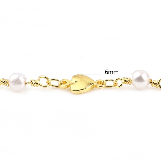 Picture of Brass & Acrylic Imitation Pearl Link Chain Findings Round Heart Gold Plated White 6mm, 1 M                                                                                                                                                                    