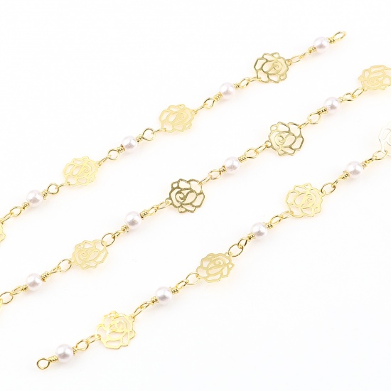 Picture of Brass & Acrylic Imitation Pearl Link Chain Findings Round Flower Gold Plated White 8mm, 1 M                                                                                                                                                                   