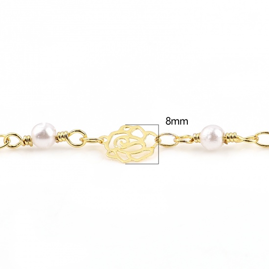 Picture of Brass & Acrylic Imitation Pearl Link Chain Findings Round Flower Gold Plated White 8mm, 1 M                                                                                                                                                                   