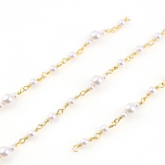 Picture of Brass & Acrylic Imitation Pearl Link Chain Findings Round Gold Plated White 6mm, 1 M                                                                                                                                                                          