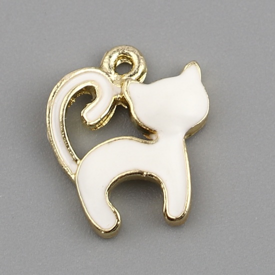 Picture of Zinc Based Alloy Charms Cat Animal Gold Plated White Enamel 15mm x 13mm, 10 PCs