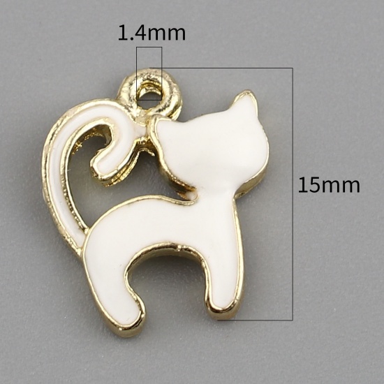 Picture of Zinc Based Alloy Charms Cat Animal Gold Plated White Enamel 15mm x 13mm, 10 PCs
