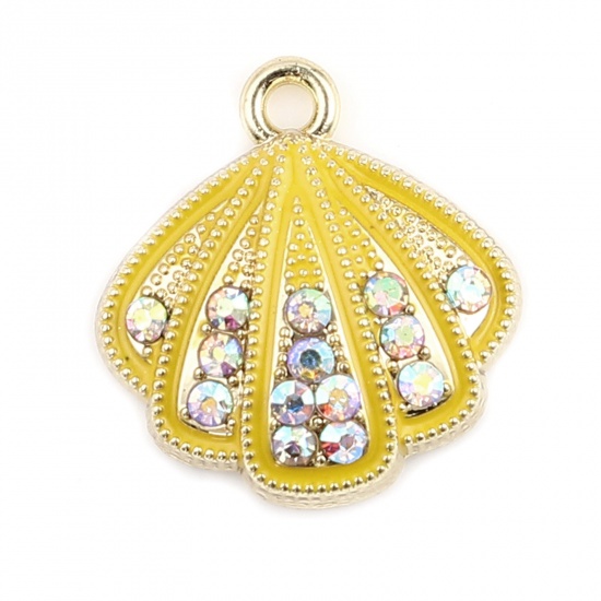 Picture of Zinc Based Alloy Charms Scallop Gold Plated Ginger Multicolor Rhinestone 18mm x 17mm, 5 PCs