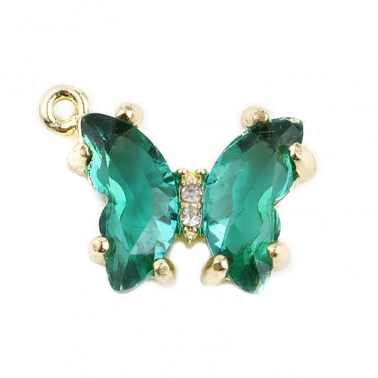 Picture of Zinc Based Alloy & Acrylic Charms Butterfly Animal Gold Plated Green Clear Rhinestone 18mm x 14mm, 5 PCs