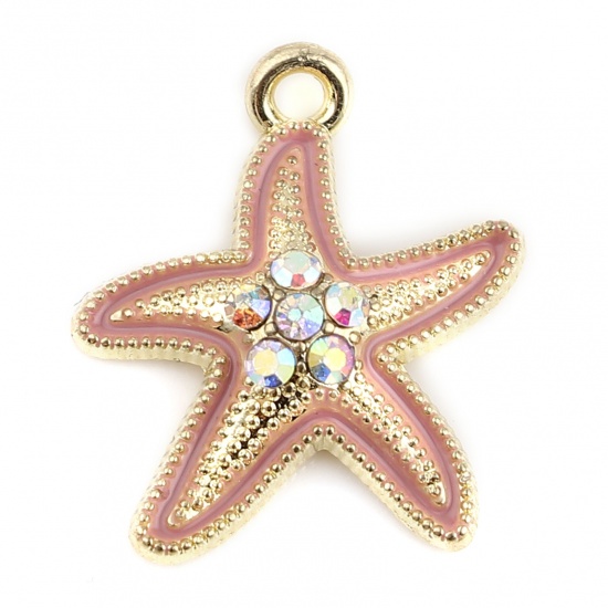 Picture of Zinc Based Alloy Ocean Jewelry Charms Star Fish Gold Plated Pale Lilac Multicolor Rhinestone 19mm x 17mm, 10 PCs