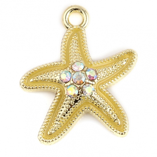 Picture of Zinc Based Alloy Ocean Jewelry Charms Star Fish Gold Plated Ginger Multicolor Rhinestone 19mm x 17mm, 10 PCs